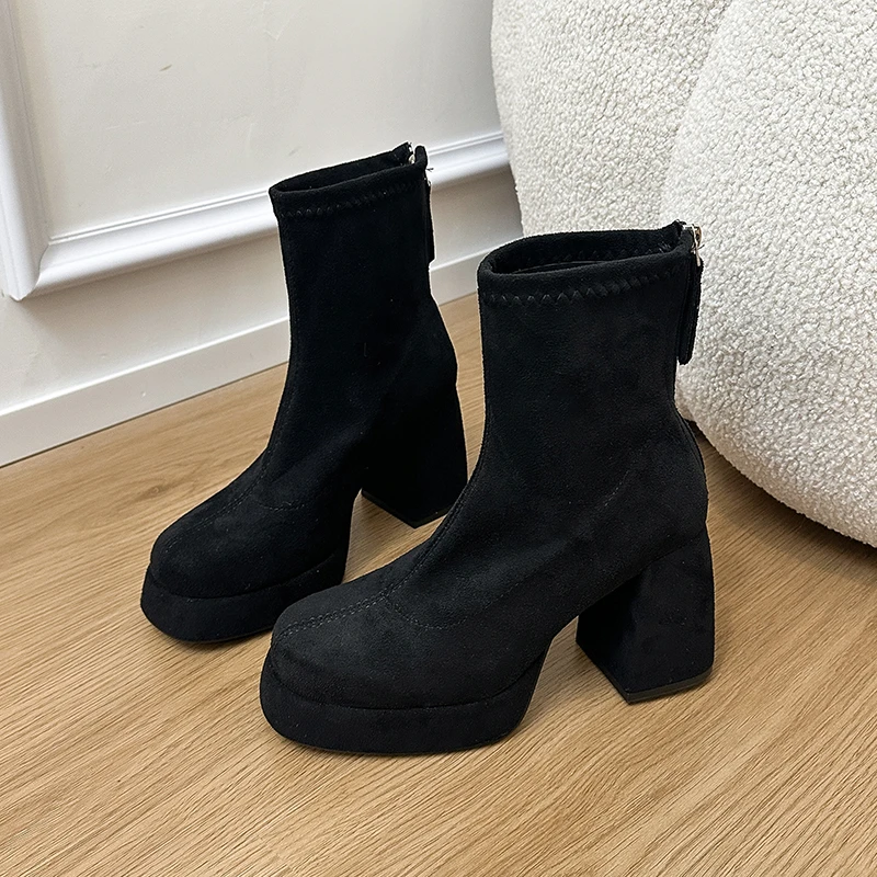 2026 Neue Herbst-Winter Retro Dicksohlige Hochhackige Damenstiefel mit Rückenreißverschluss Kurze Stiefel Modische Vielseitige Damenschuhe – Detail 7