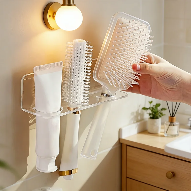 Vielseitiges Acryl-Wandregal Transparenter Organizer für Badezimmer, hält Kämme, Bürsten, Toilettenartikel, ein funktionales Wohndekorationsstück.
