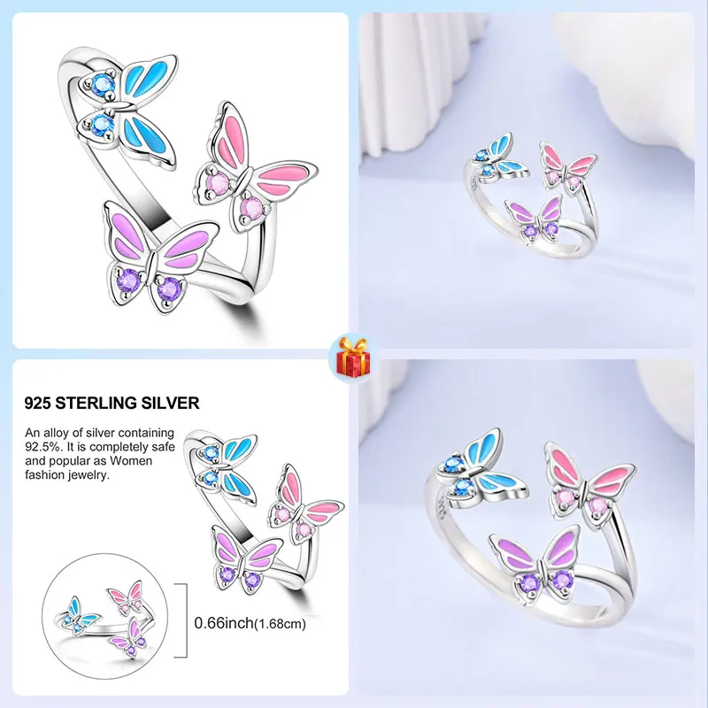 Animais animais de estimação 925 prata esterlina azul, rosa e roxo os três anéis de borboleta tamanho único serve para todos para jóias requintadas femininas