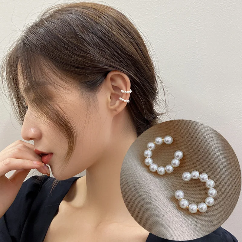 2023 New Korea Trendy Charm Pearl Beaded Ear Cuff Clip Earring for Women Fake Piercing Bone C-shaped Jewelry Accessory Wholesale