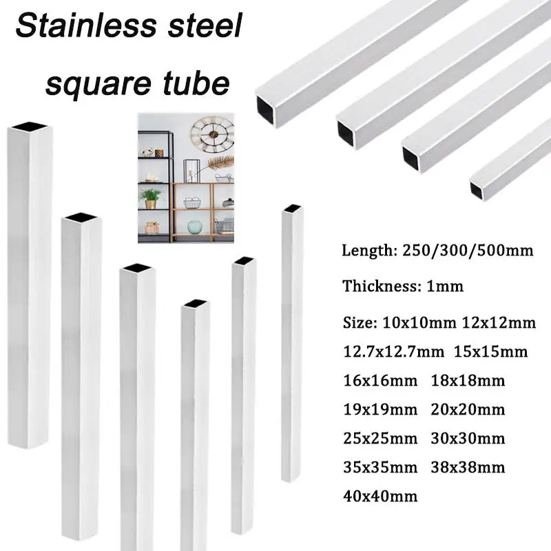 1PCS 304 Stainles Steel Square Tube 10-40mm Polished Structural Metal Pipe 1mm Thick Corrosion Resistant 250/300/500mm Length