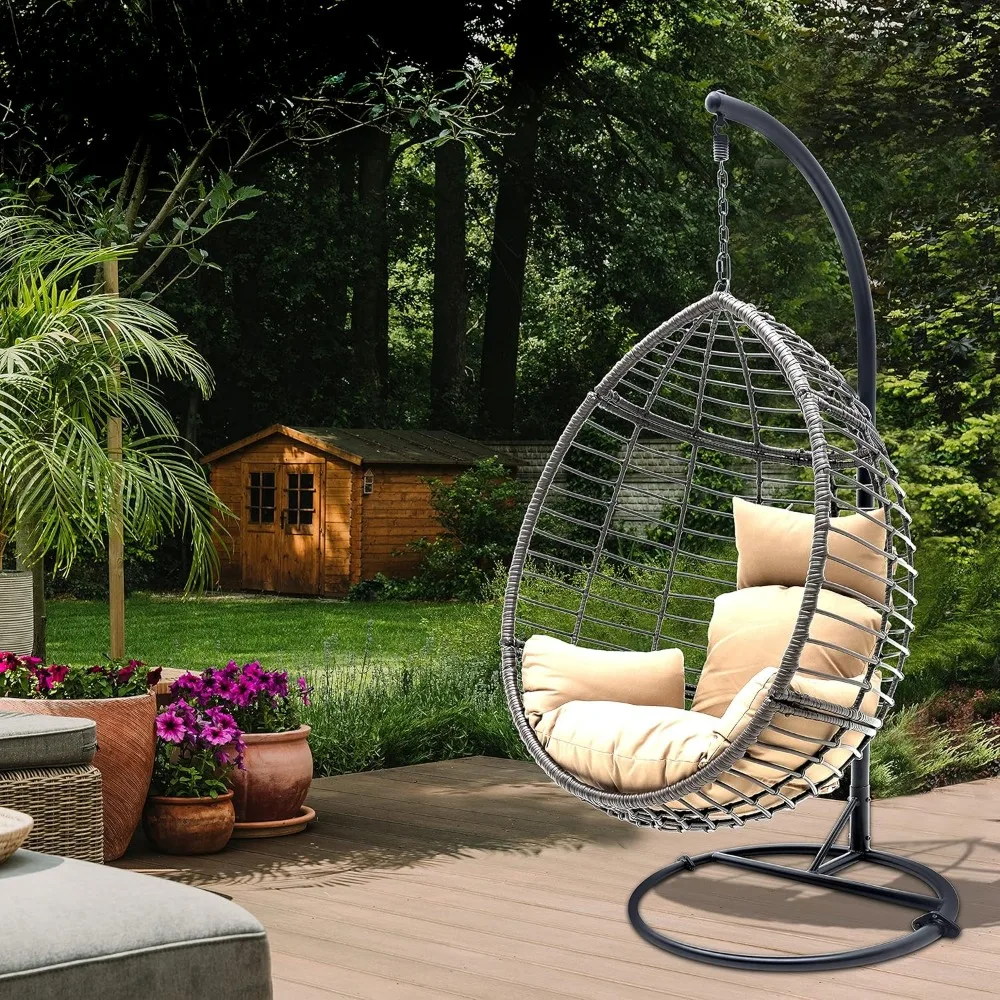 Hanging Egg Indoor Outdoor Patio Wicker Rattan Lounge Chair with Stand, Steel Frame, UV Resistant Washable Cushions for Garden