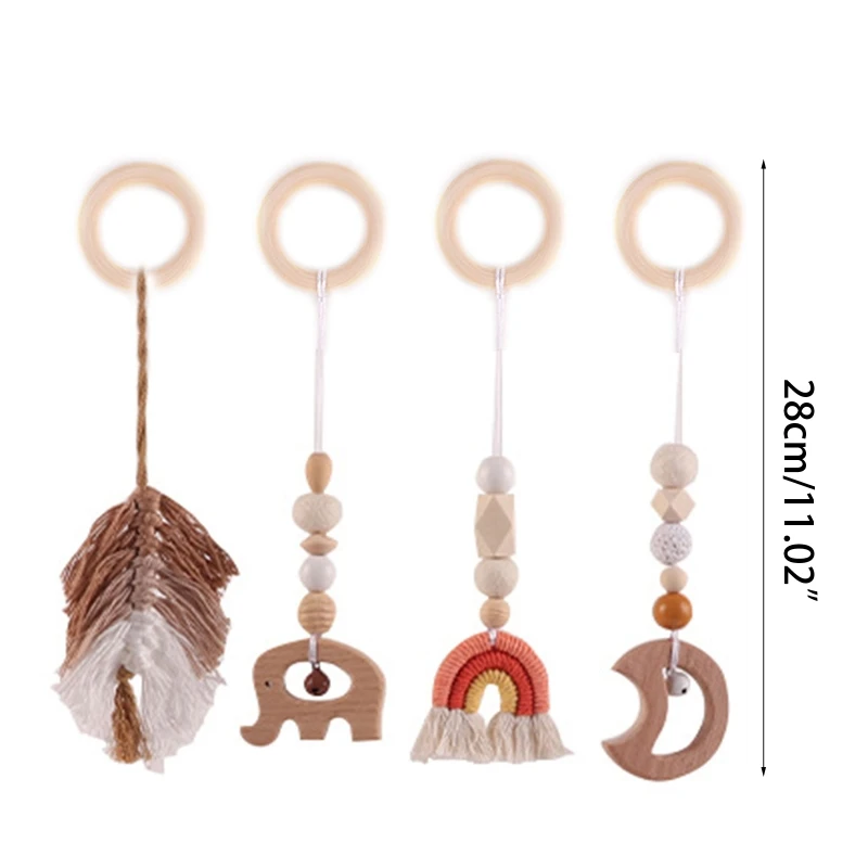 4pcs 신생아 나무 딸랑이 Teether 아기 놀이 체육관 감각 장난감 매달려 장식 방 장식 생일 샤워 D5QA