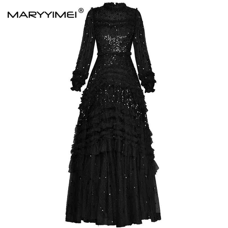 MARYYIMEI Fashion Autumn Winter Women's Ball Gown dress Long sleeved Mesh Sequin Tiered ruffles Elegant Party Maxi Dresses