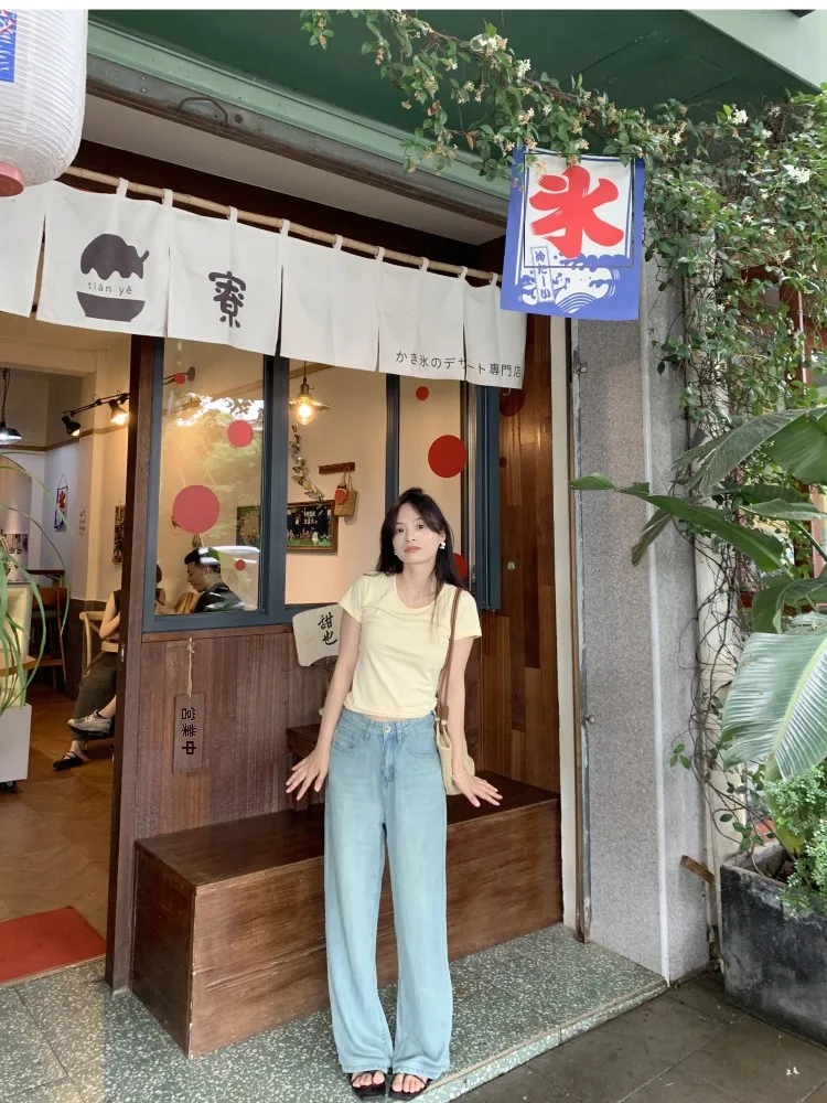 

Перри Маленькие размеры Лиоцел Широкие джинсы с тонкой талией Летние повседневные свободные женские джинсы с высокой талией без фирменной торговли...