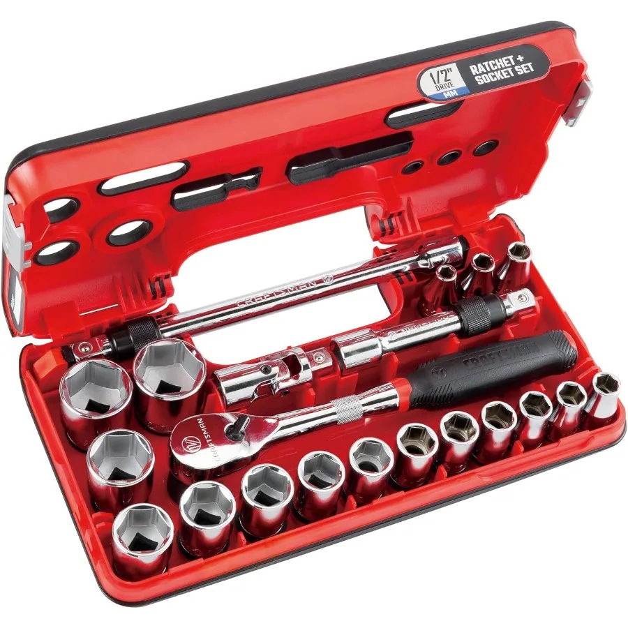 

VSERIES Socket Set Shallow MM 1 2 Inch Drive 21 Piece for Automotive Repair and Industrial Maintenance Compact Design with High