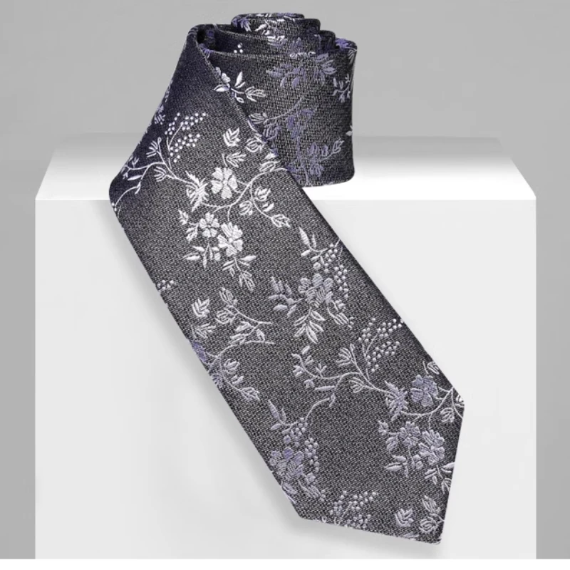 High Quality 100% Silk Gray Jacquard Pattern Tie 8CM Men's Fashionable Business Banquet Shirt Accessories Hand Knotted Silk Tie