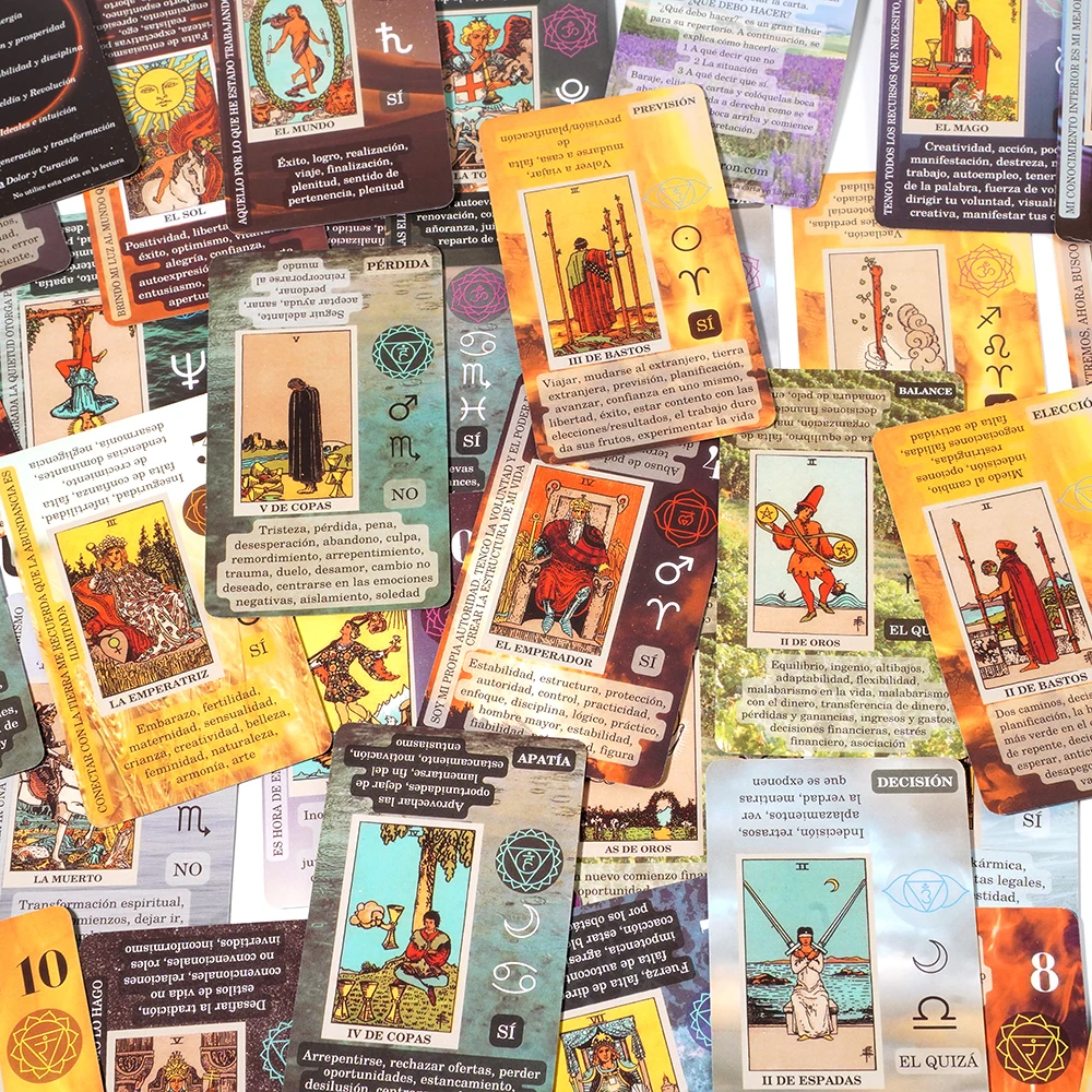 Tarot español para principiantes, Tarot con significado en ellos en las tarjetas, palabras clave, Chakra invertida, elemento del