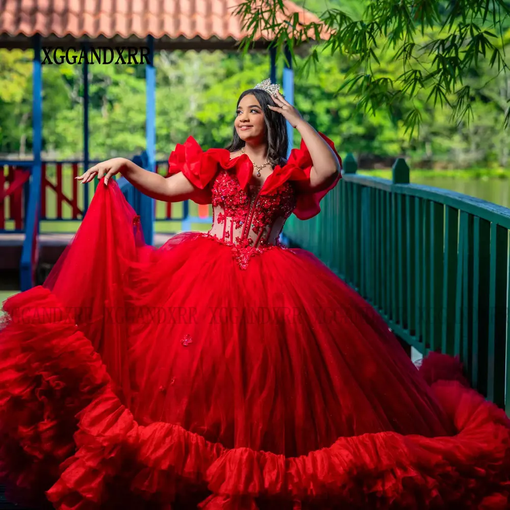 Customizd Red Quinceanera Dresses 2026 Luxury Ruffle Layer Pleats Birthday Party Princess Big Sweet 16 Gown Vestidos De 15 Años