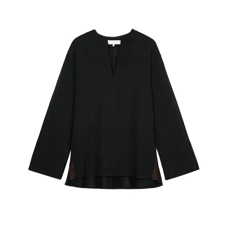 Solto longo sve v-ne briti sle irt feminino primavera nova listra lateral decorado topo fibra de poliéster 00% cor pura