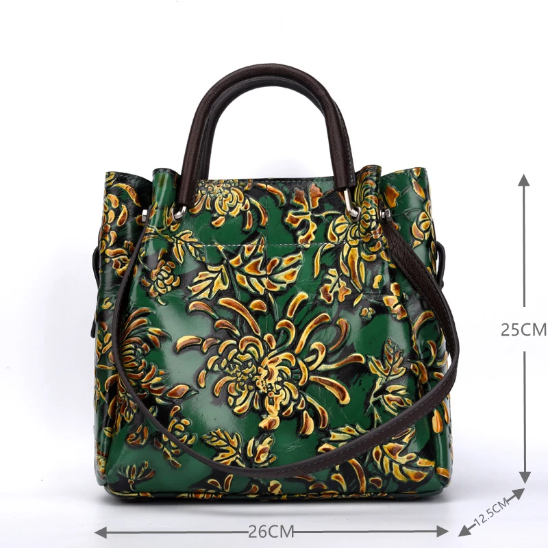 Retro Women Bag Genuine Leather Shoulder Bags For Women Vintage Embossed Top-handle Bag Ladies Floral Tote Bags Female