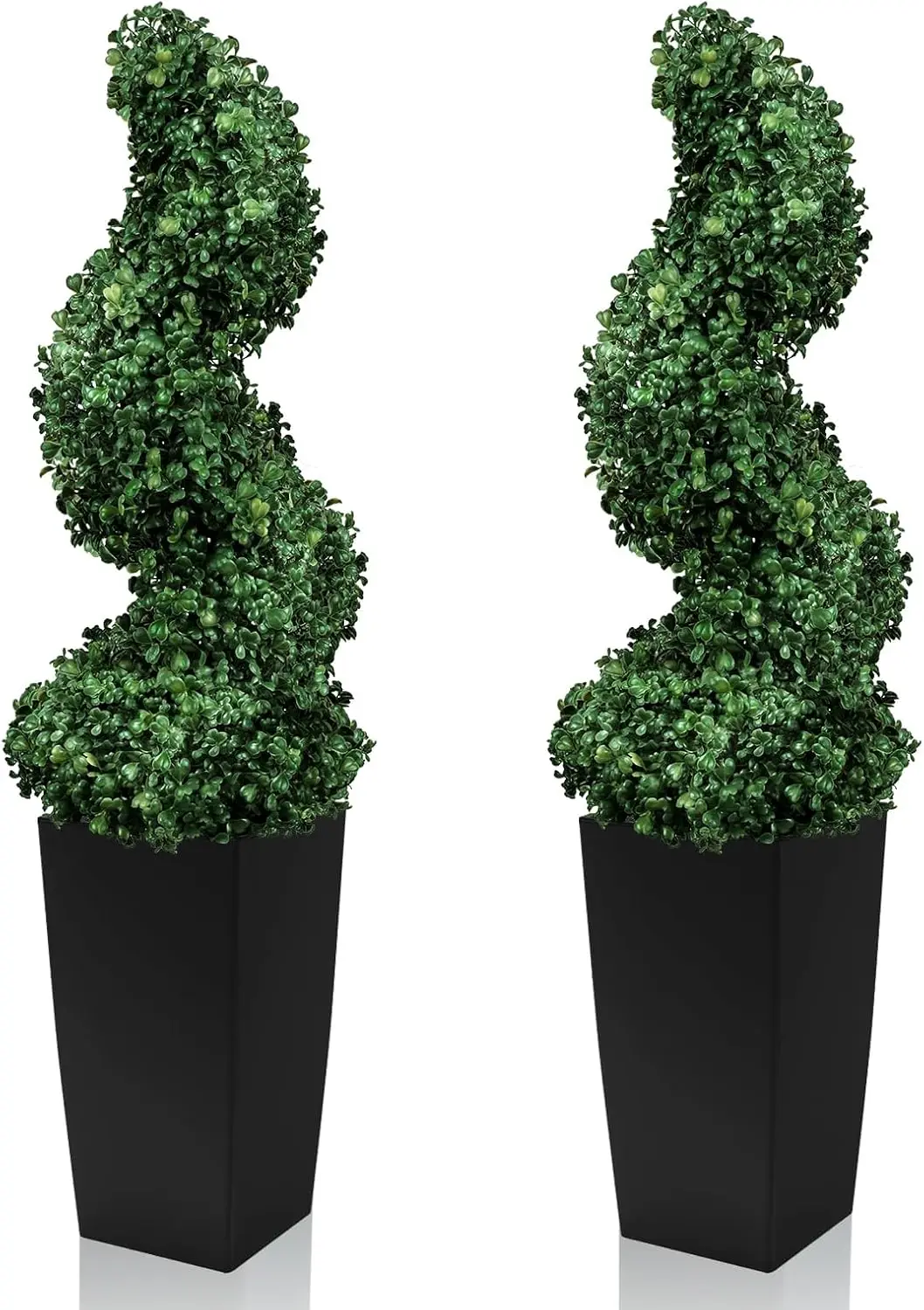 2-Pack Artificial Spiral Topiary Tree with Heart-Shaped Leaves, UV-Resistant Faux Boxwood in Reusable Black Square Pot for Indoor Outdoor Decor