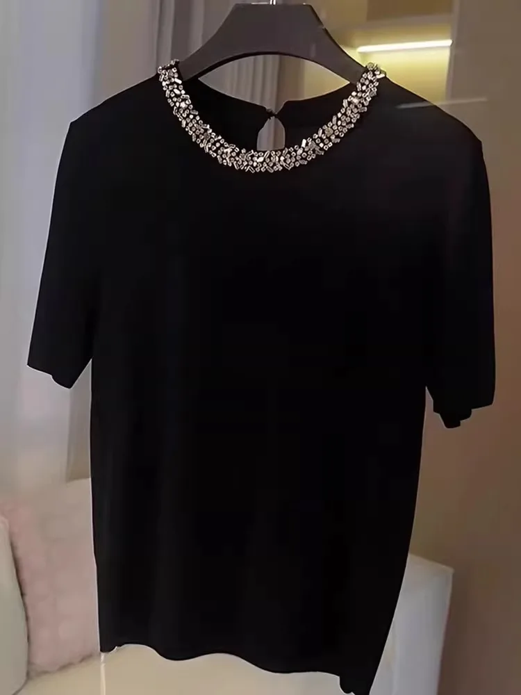 

Ele Bla Knitted Top round Ne Heavy Embellied Lightweight ort Sve Women's Faionable Summer irt Korean Sle