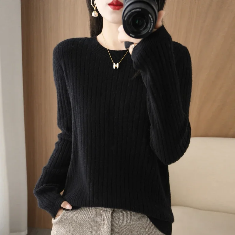 2024 Women Sweaters Autumn Winter Long Sleeve Pullovers O-neck Stripe Warm Pullover Korean Fashion Bottoming Shirts Loose Jumper