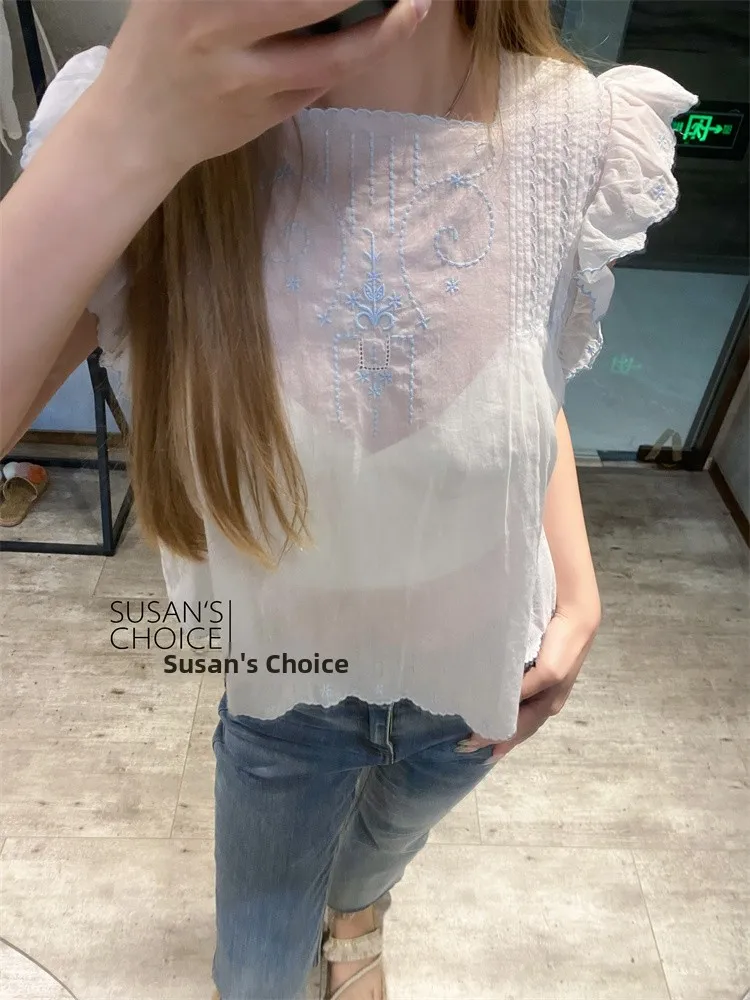 Susan Do Pure Cotton ort Sve Orlo de encaje bordado Fly Sve irt Top versátil azul claro para mujer Corte recto Summe...