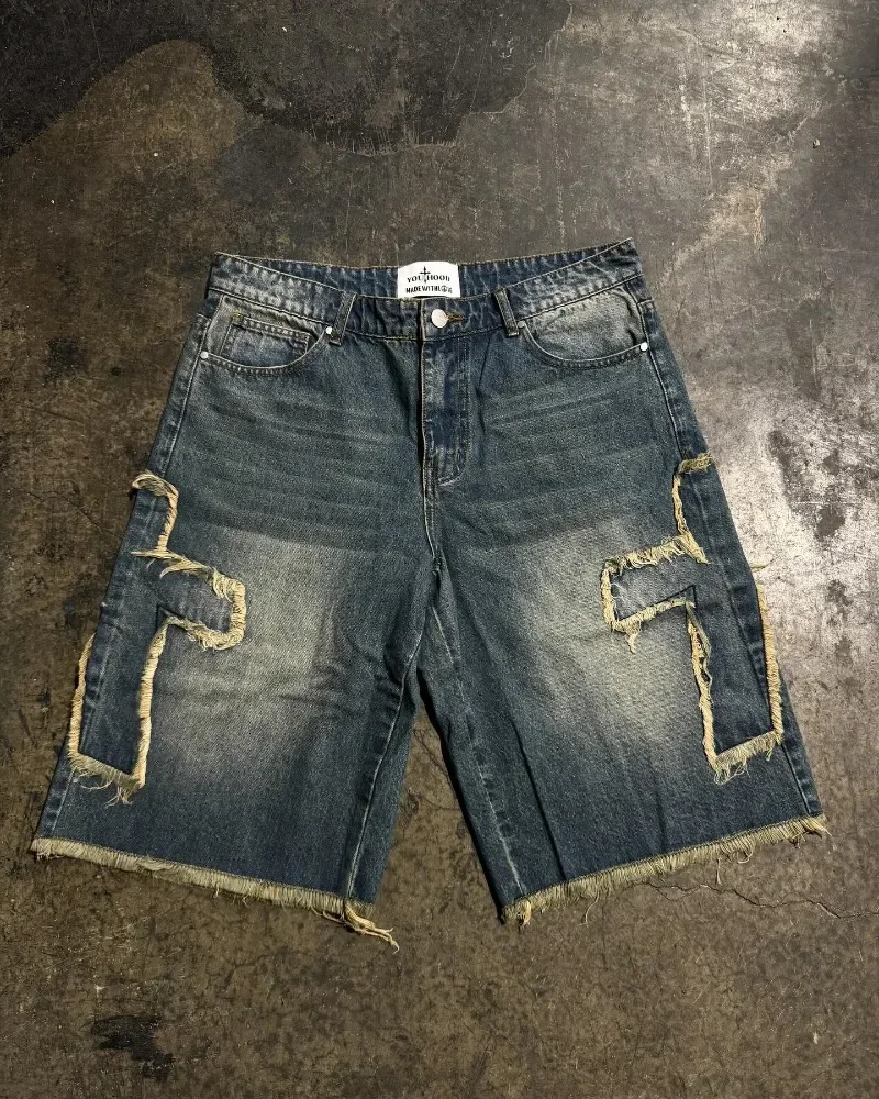 Hoge Kwaliteit Oversized Y 2K Denim Cross Rauw Edge Borduurwerk Shorts Heren Zomer Street Hiphop Distressed Gewassen Joggingbroek