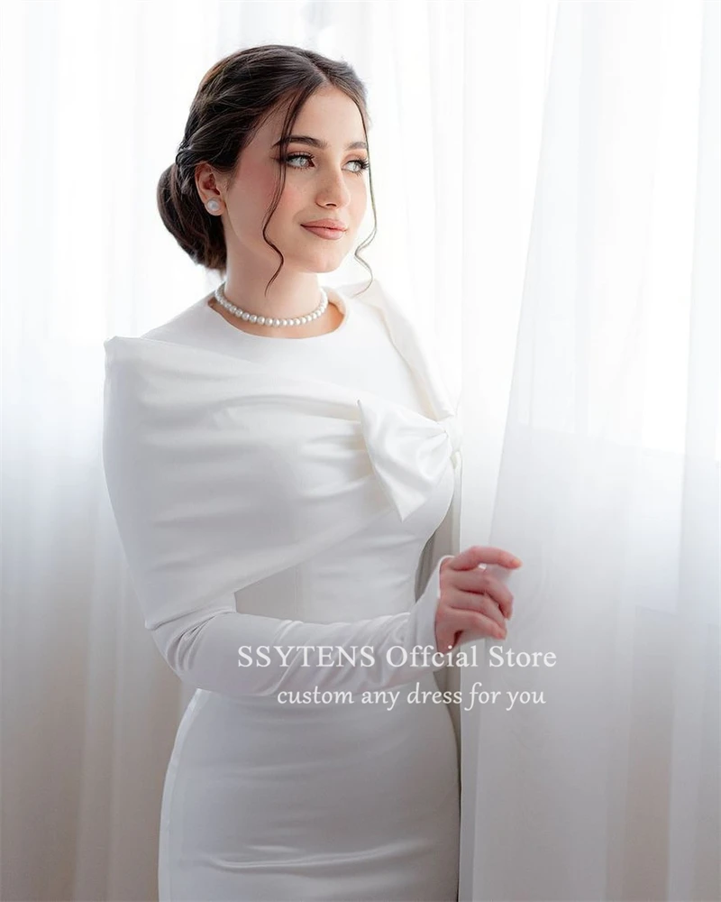 SSYTENS Modest Simple Saudi Wedding Dresses Long Sleeves Dubai Bridal Gowns Ankle Length Bespoke Evening Party Dress for Bride