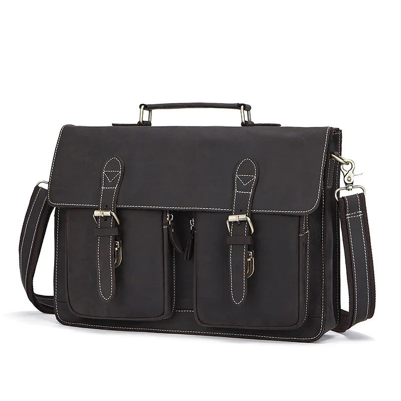 Vintage Top Layer Cowhide Briefcase Genuine Leather Bag for Men Executive 14 Inch Laptop Large Handbag Business Shoulder Bag