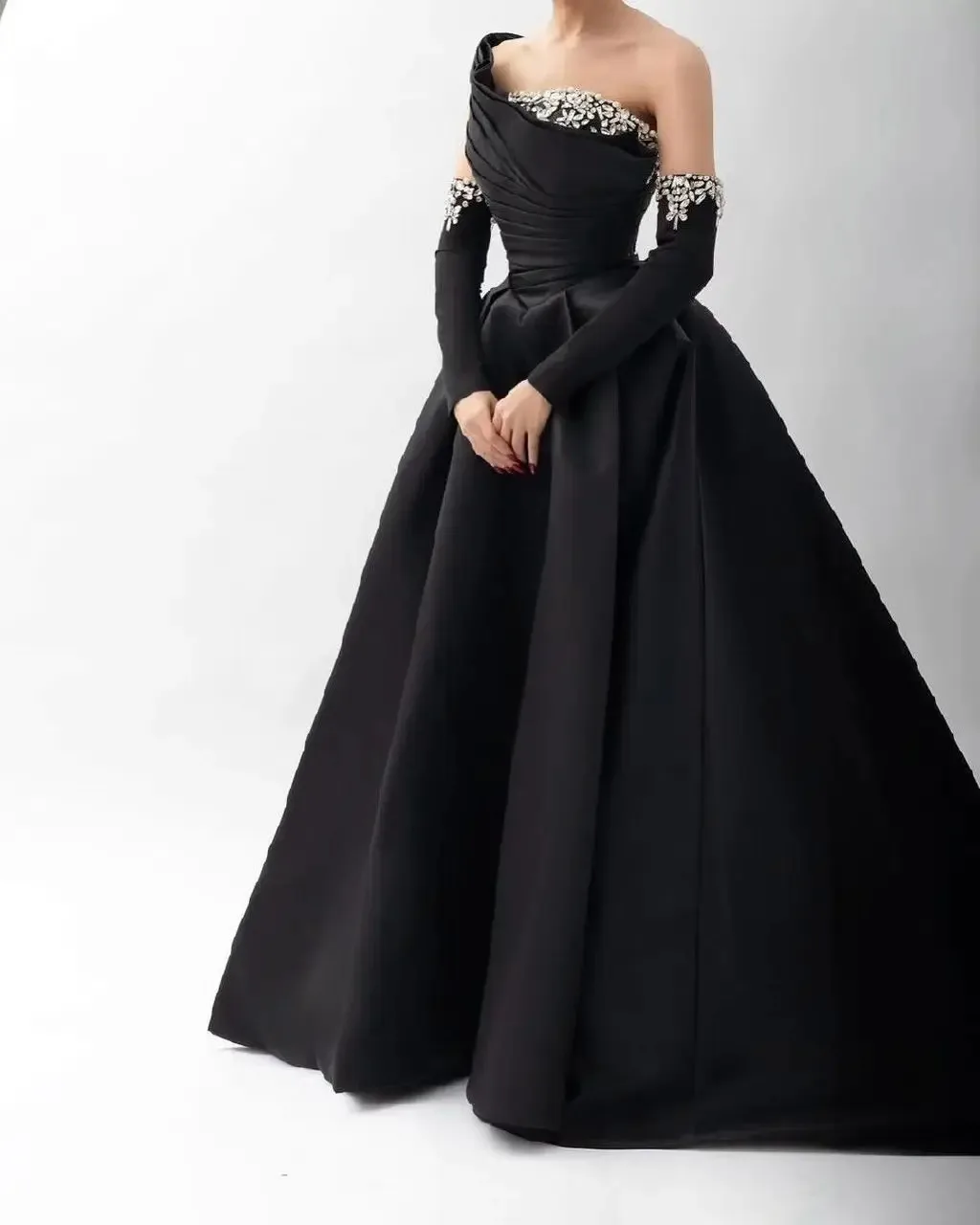 Elegant One Shoulder Black Prom Dresses Half Sleeves Pleated Ankle Length Beadings Party Dresses Evening Dresses