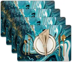 Placemats for Dining Table Set of 4/6 Pcs Blue Gilt Marble Pattern Placemats Washable Thin Environmental Table Mats Easy Clean