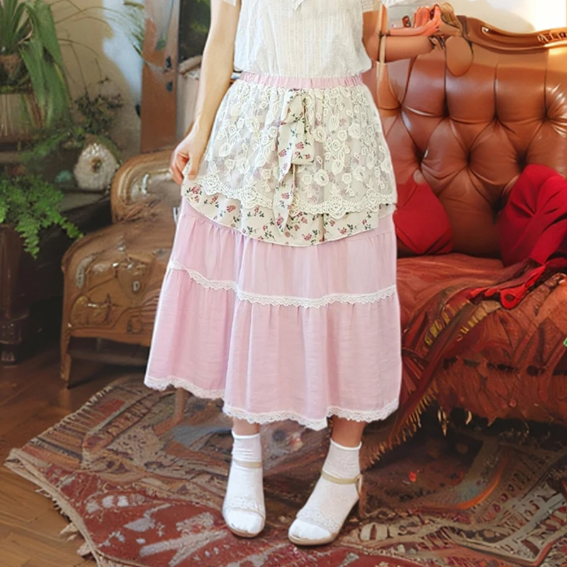 

New Mori Girl Sweet Skirt Women Clothing Double-layer Small Floral Lace-up Bow Stitching Half-length Female Kawaii Skirts A066