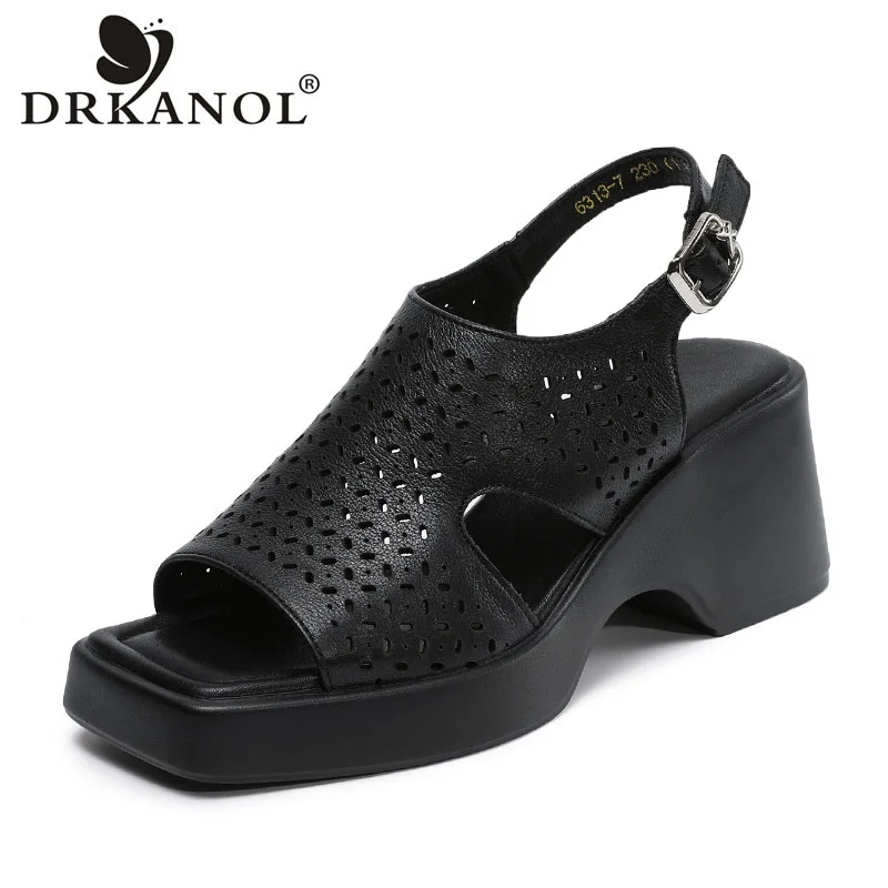 

DRKANOL Fashion Women Wedges High Heel Sandals 2026 Summer Solid Color Genuine Cow Leather Open Toe Chunky Platform Sandals Lady