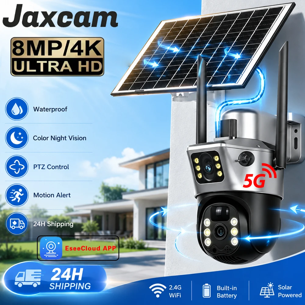 8MP 4K Solar-Sicherheitskamera mit Dual-Objektiv, PTZ, 2,4G & 5G WiFi, kabellose Außen-Überwachungskamera, Farb-Nachtsicht, Bewegungserkennung, Zwei-Wege-Audio, wasserdicht, eingebauter Akku,
