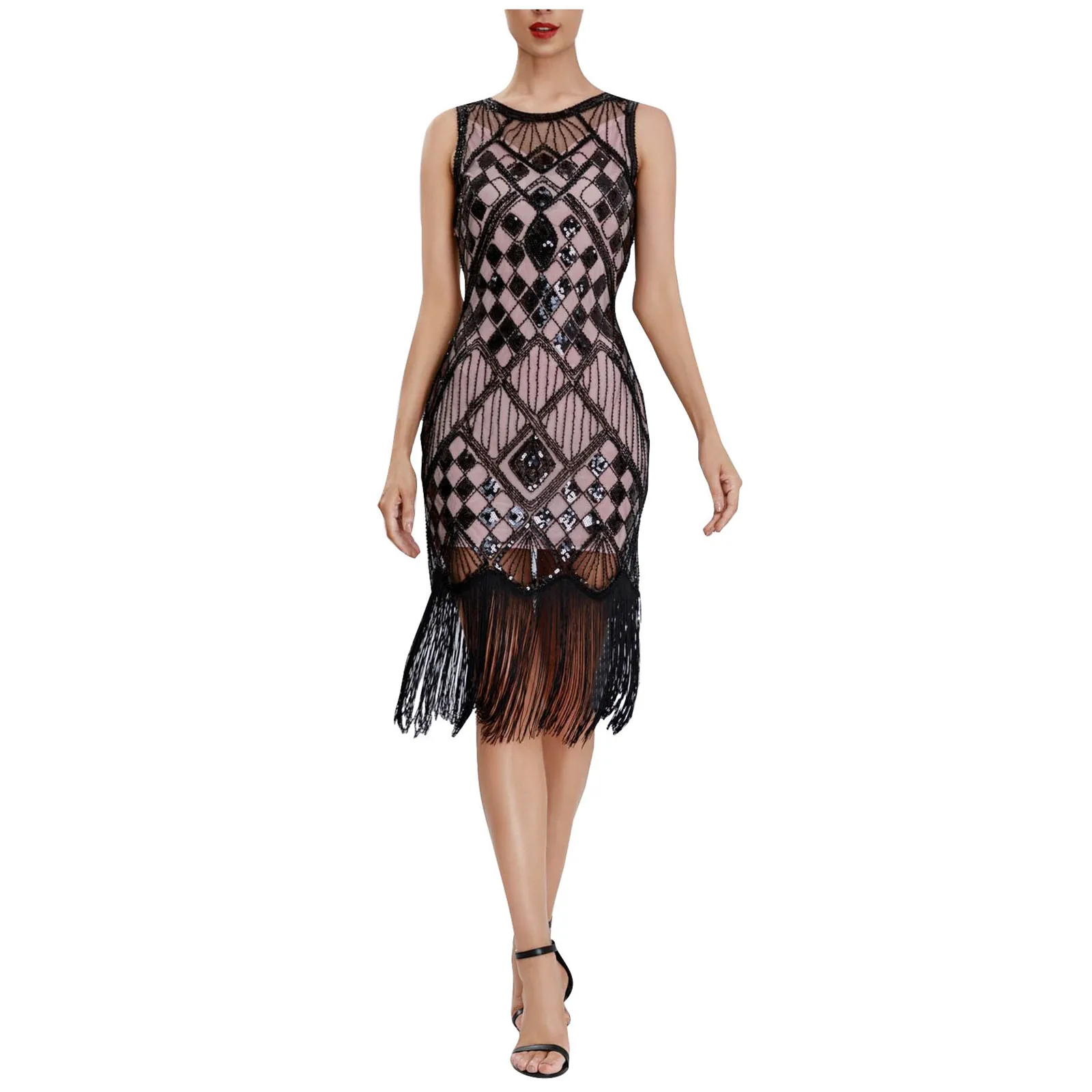 

1920s Vintage Personality Long Fringe vest Dress Sequins sleeveless slim evening Dresses elegant round neck Banquet dress women