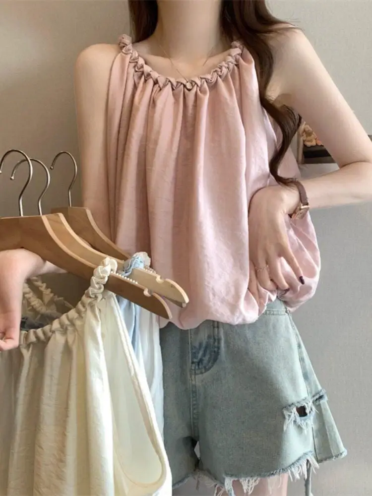 

Summer Outfit Sleeveless Neck Hanging Strap Shirt Women Anti-Aging Pink Flower Bud Puffy Tummy Covering Doll Shirt Top