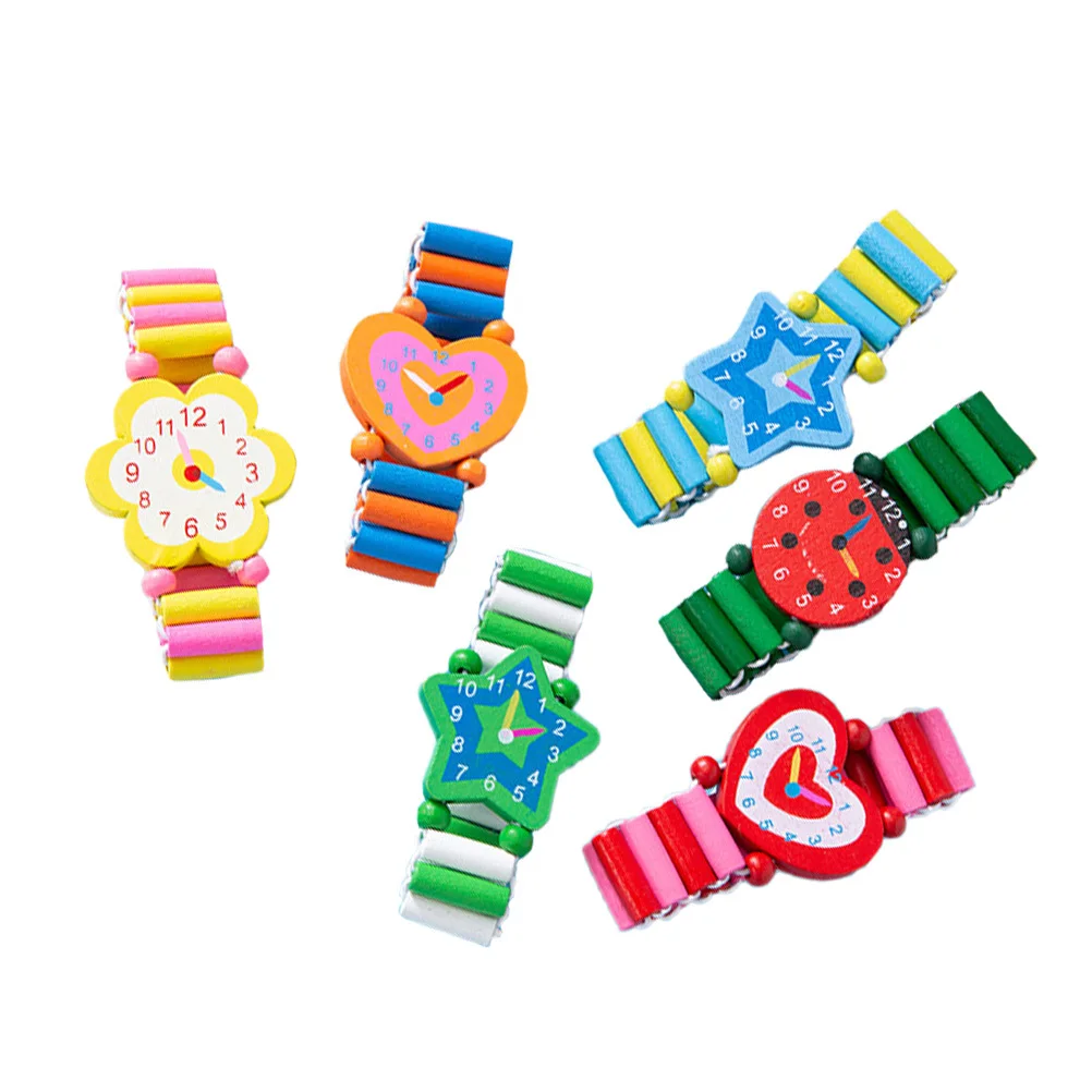 SAFIGLE 6 pezzi di orologi in legno per cartoni animati, set di giocattoli per bambini che imparano il riconoscimento dei colori, regalo educativo prescolare per ragazze