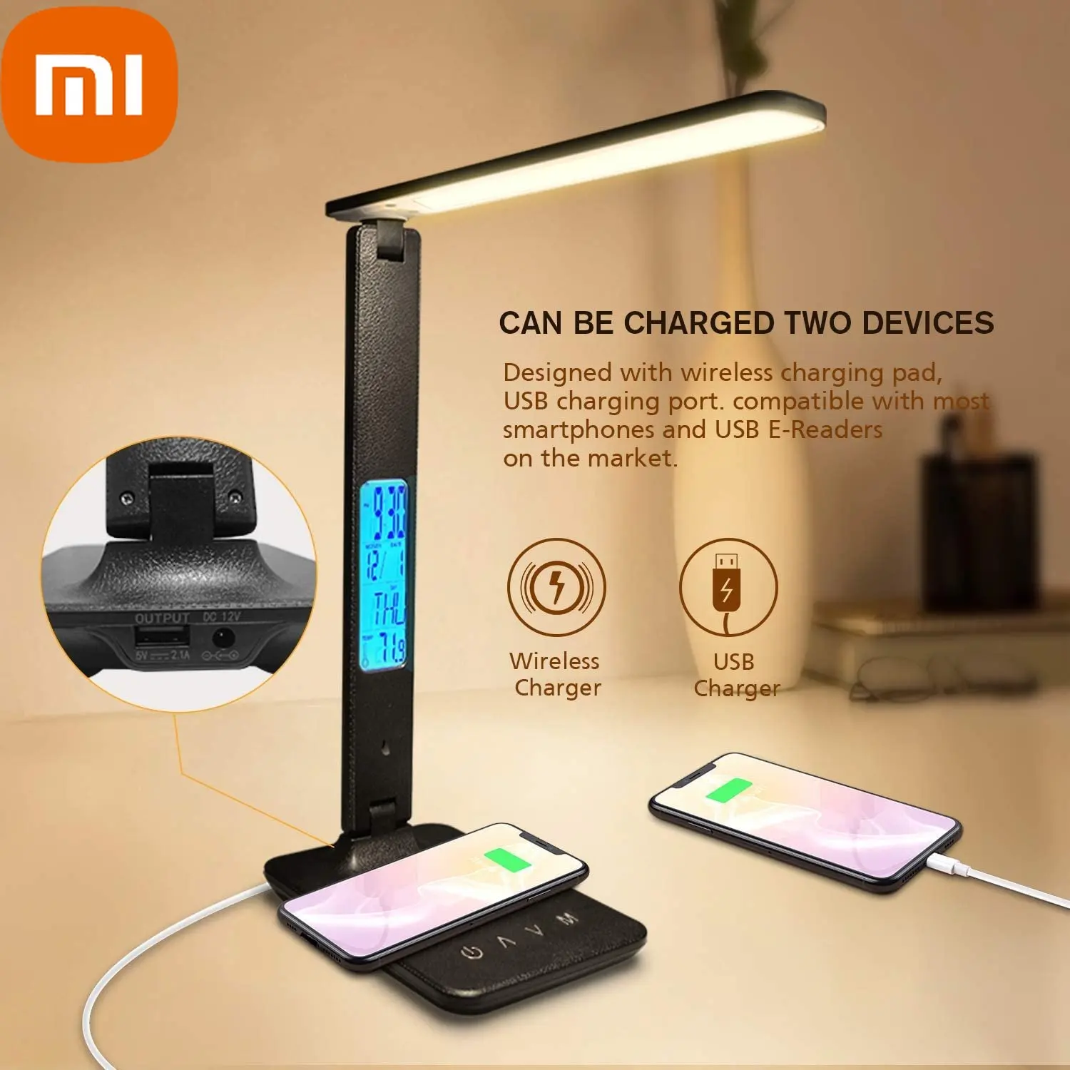 

Xiaomi 10W QI Wireless Charging LED Desk Lamp With Calendar Temperature Alarm Clock Eye Protect Study Business Light Table Lamp