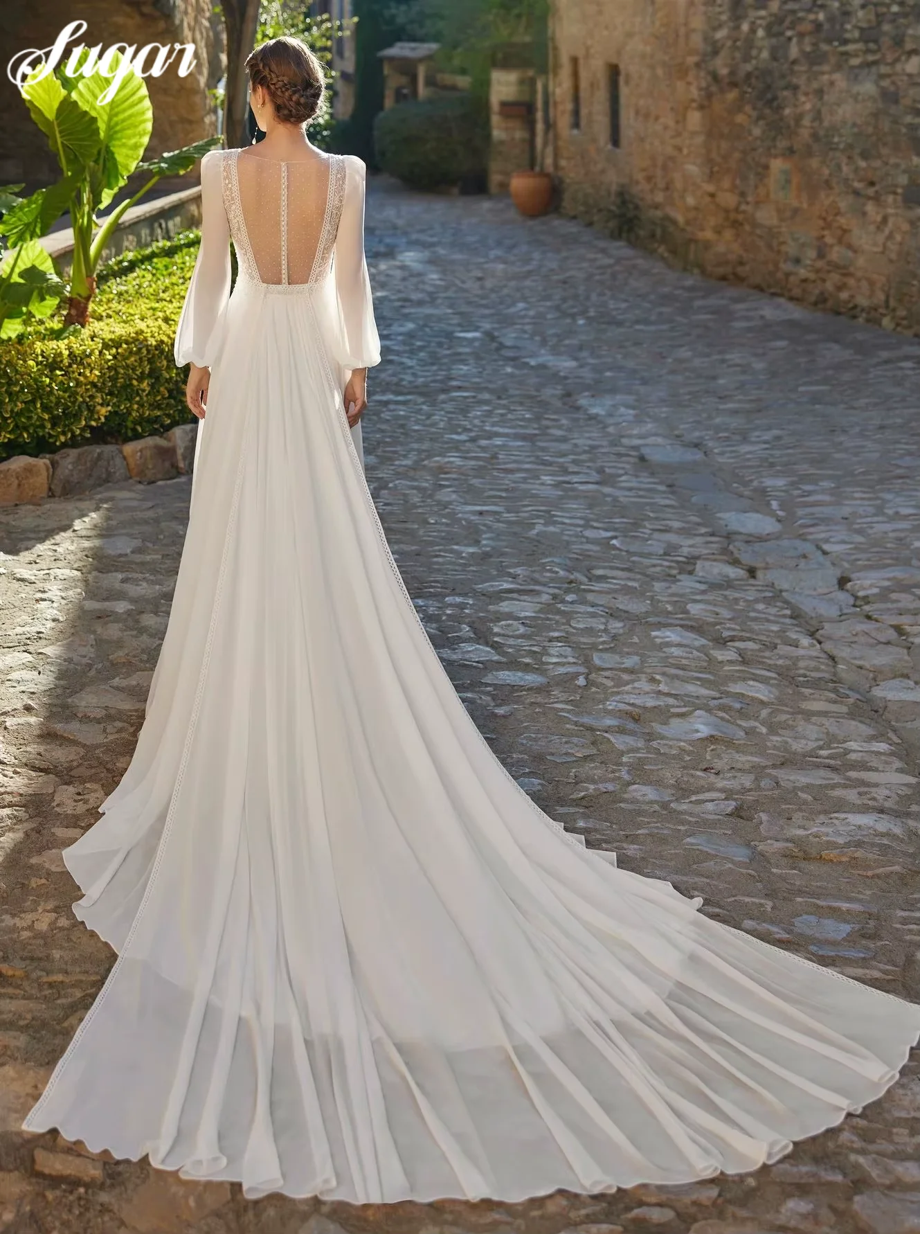 Abito da sposa vintage con scollo a V maniche lunghe abito da ballo in pizzo scollo a barca Sweep Train abiti da sposa lunghi per feste formali Robe De Soire