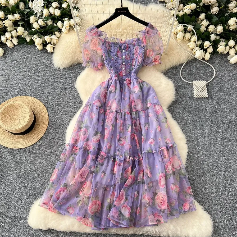 Elegant Slash Neck Vintage Short Puff Sleeve Chic Print Slim Chiffon Dresses French High Street Evening Autumn Mesh Clothing