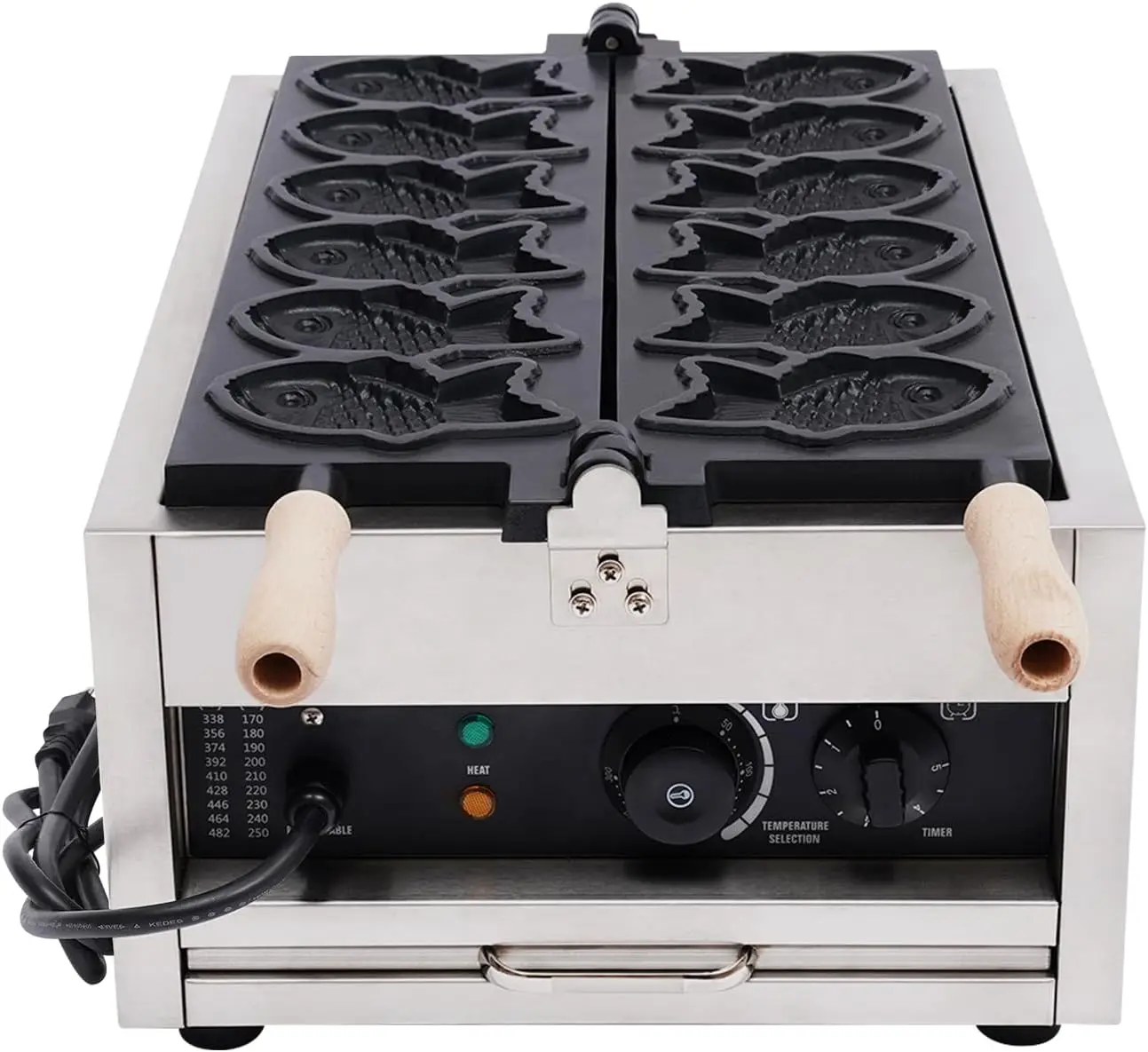 Máquina para hacer gofres de pescado Taiyaki de 3000W, máquina para hacer gofres eléctrica antiadherente de 6 moldes, conos de gofres en forma de pez para panadero Taiyaki con sin Sti