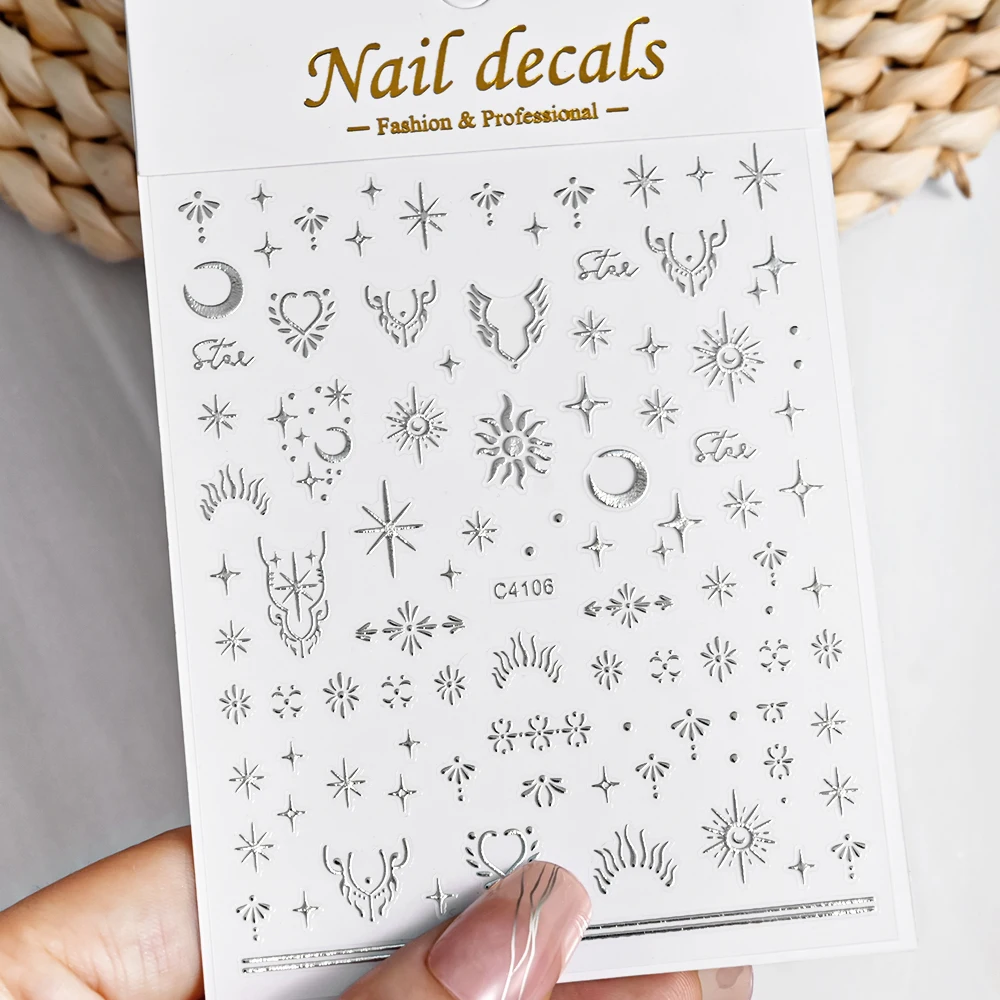 1Pc Silver Gold Star Moon Sun Nail Sticker Bronzing Laser Starlight Self-Adhesive Slider DIY Y2K Nail Decals Manicure Decoration