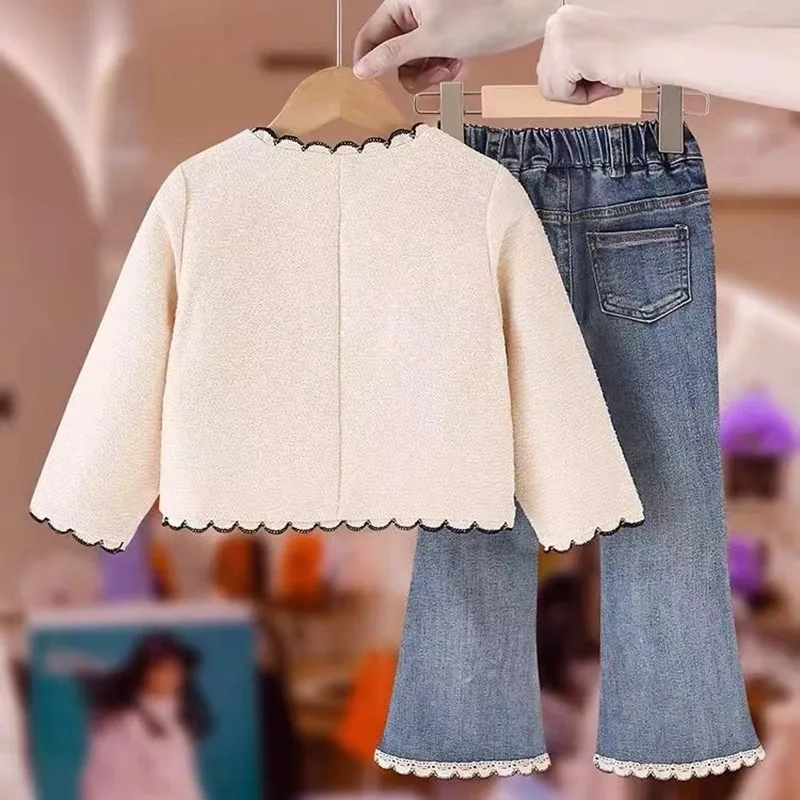 2024 Autumn/Winter New Girls' Clothing Set Vintage Style Coat Top+Cowboy Bell Pants 2pcs Children Clothes Kids Outfits 3-9 Years