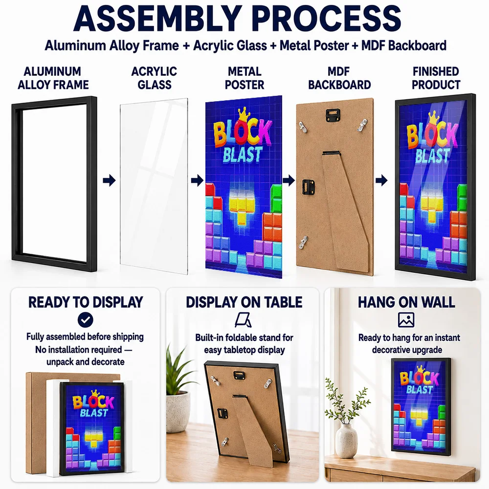 Block Blast Game Framed Metal Poster Customized Comic Style Wall Art For Home Office And Computer Room, Gaming Enthusiast Gift