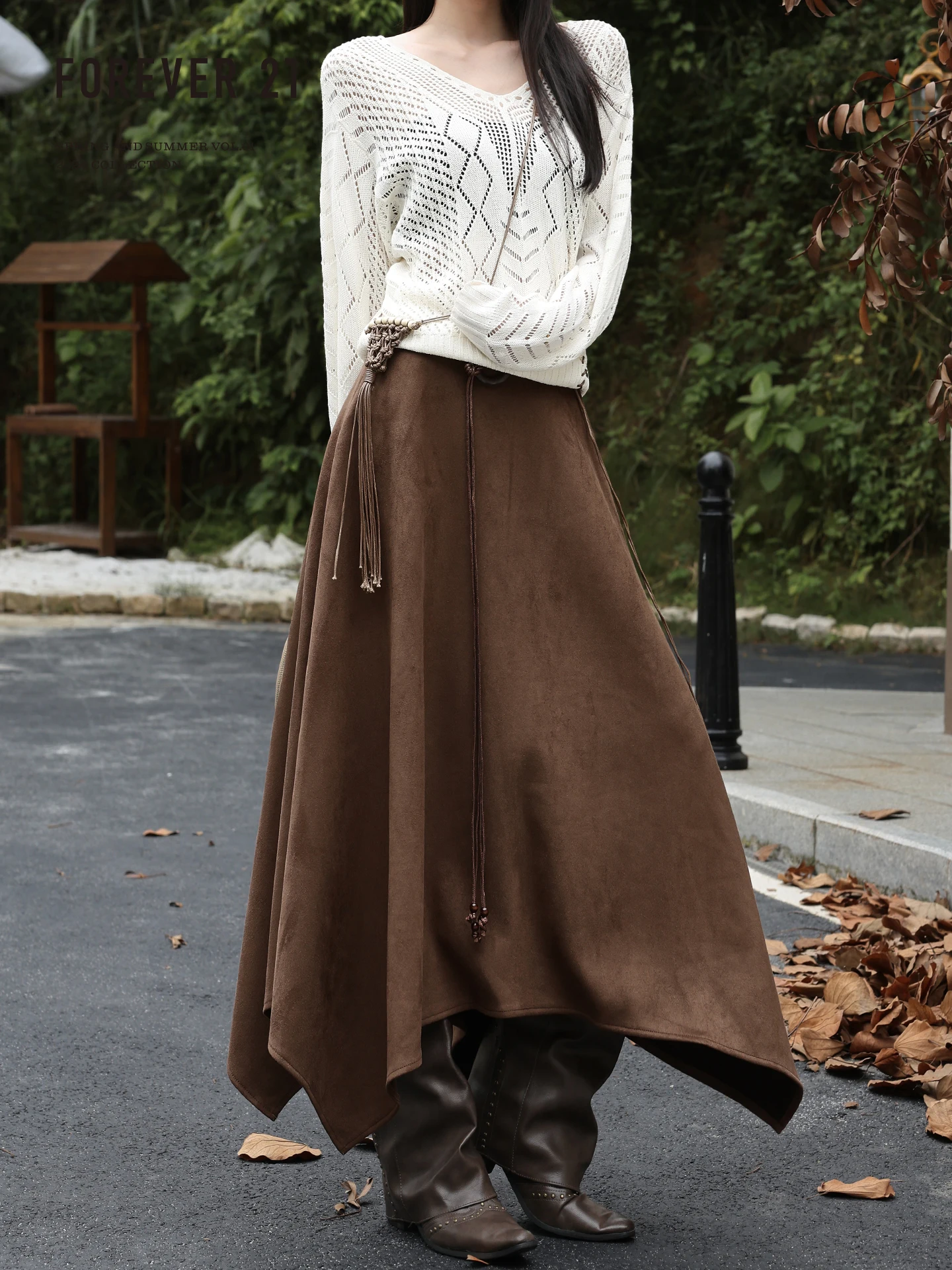 Vintage High Waist Suede  Skirt Women's Coffee Color A-Line Long Skirt Autumn Season Irregular Hemline Draping Dress