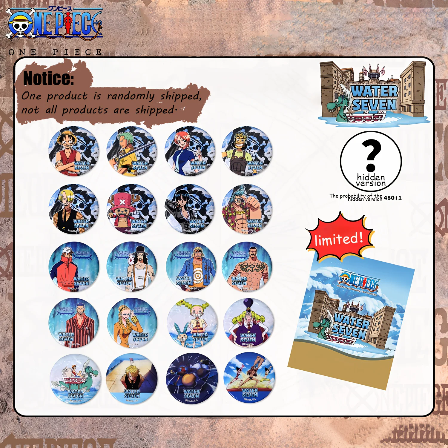 1 ชิ้น กล่องสุ่มพินส์วันพีซ วอเตอร์เซเว่น อาร์ค ลิขสิทธิ์แท้ พร้อมของหายาก – ของสะสม ของขวัญอนิเมะ