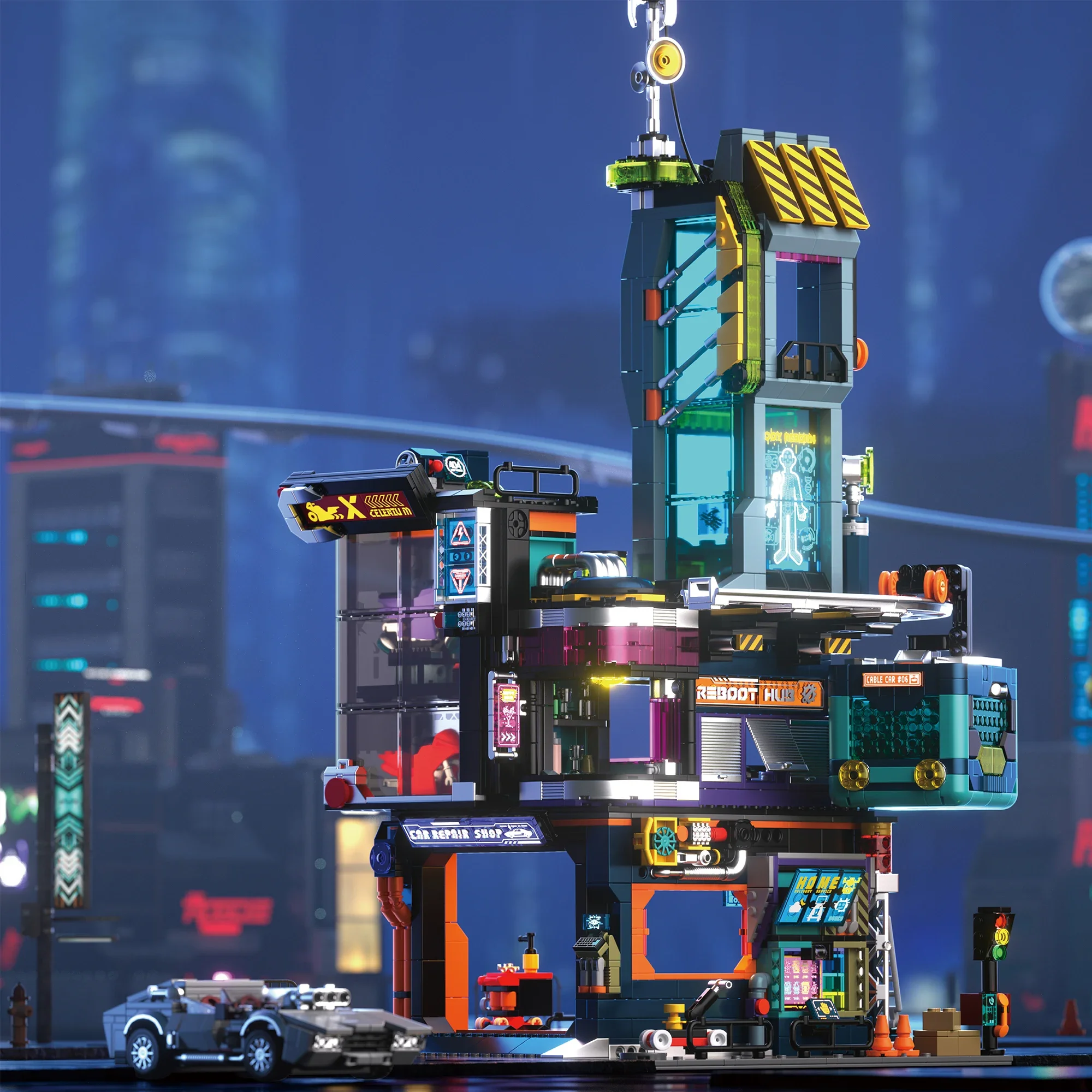 Cyberpunk Auto Repair City Building Building Blocks 2098pcs Neon City Street View Construction Bricks Toys for Kids Adults Gifts