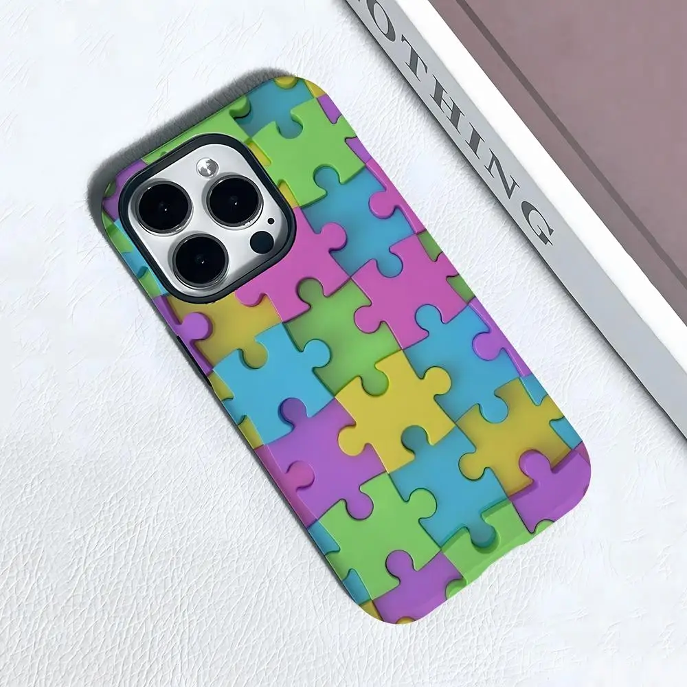 자폐증 지원 퍼즐 패턴 아이폰 17 에어 16 15 14 플러스 13 12 미니 11 프로 맥스 글로시 2 in 1 범퍼 케이스