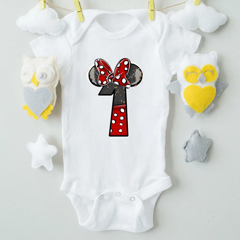 Kawaii Disney Minnie Mouse 1st Birthday Baby Bodysuit Cotton Short Sleeve Newborn Romper Birthday Partybaby Clothes for Girls