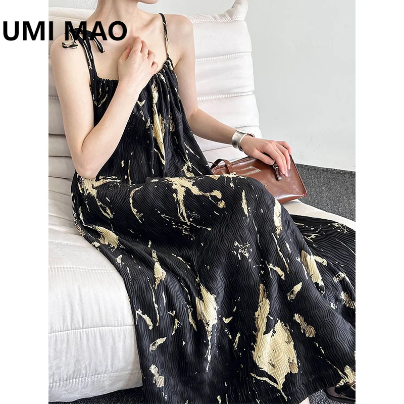 UMI MAO Long Party Dress Elegant For Women's Spring Summer New Korean Print Retro Loose Drape  Camisole Dresses Femme