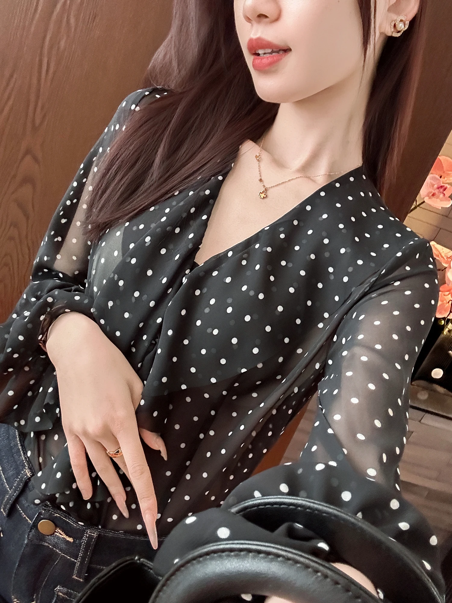 

You See Polka Dot irt Women's Soft Temperament High Temperature a Proc New Sle See tough OL Sle Long Sve ...