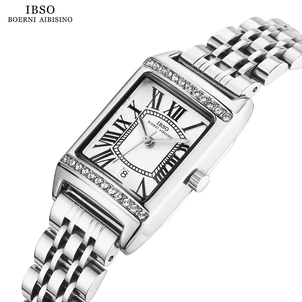 IBSO Women Rectangle Quartz Watches Luxury Stainless Steel Strap Zircon Attached 3ATM Waterproof Japanese Quartz Movement #9638