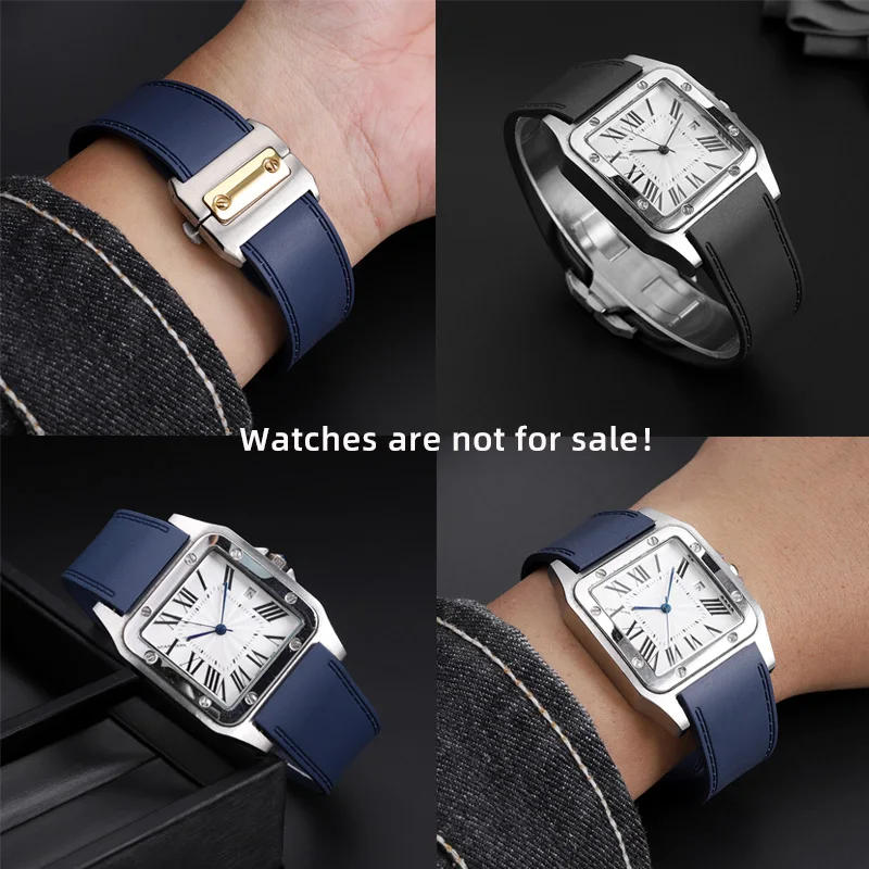 23 مللي متر 25 مللي متر حزام ساعة مطاطي عالي الجودة لساعة كارتييه الفرقة الرجالية سانتوس 100 سلسلة مشبك قابل للطي إكسسوارات أسود أزرق