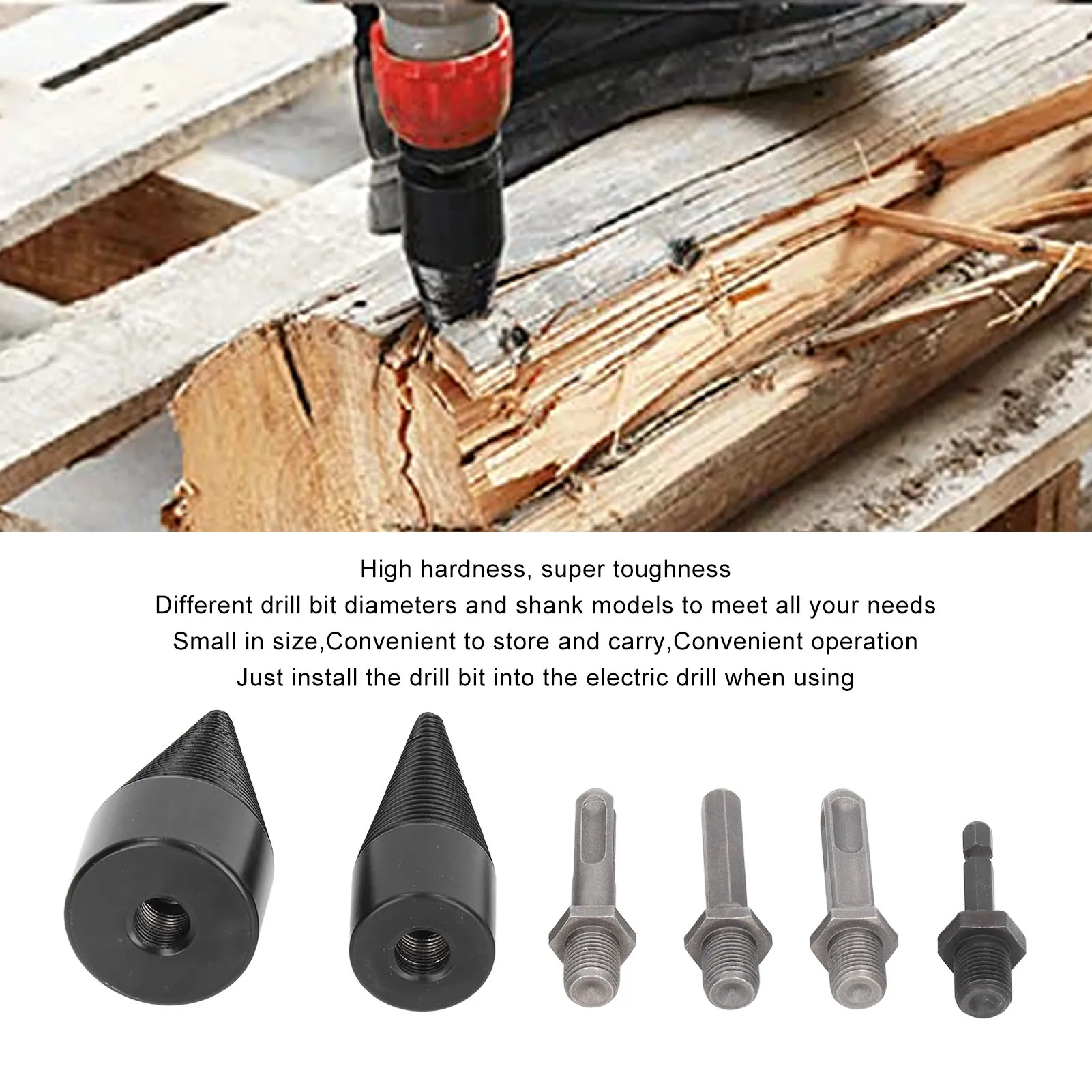 

6 Pcs Wood Splitter Drill Bit Heavy Duty Portable Cone Drill Bits Carbon Steel Detachable Wear Proof with Storage Box for Farm