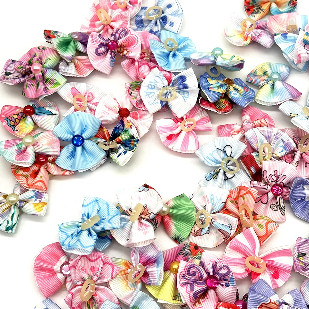 100pcs Pet Dog Hair Bows Decorated Dogs Diomand Girls Bows for Small Dog Cats Hair Rubber Band Supplies Pet Grooming Accessories