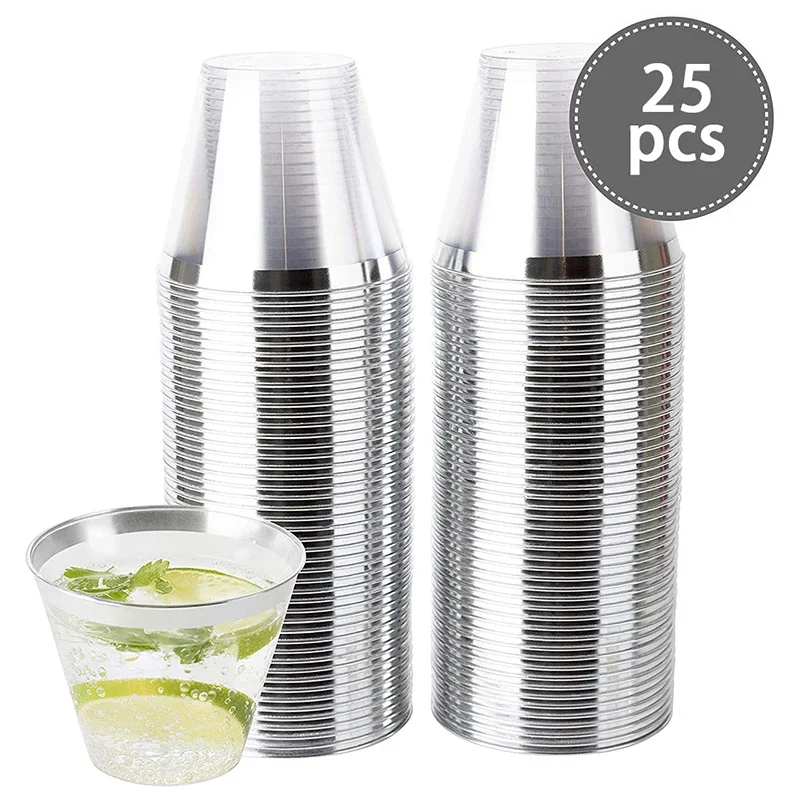 Disposable Transparent Plastic Cup, Clear Wine Glass, Elegant Cups, Birthday, Wedding Party, Dinking Supplies, 25, 50, 100Pcs