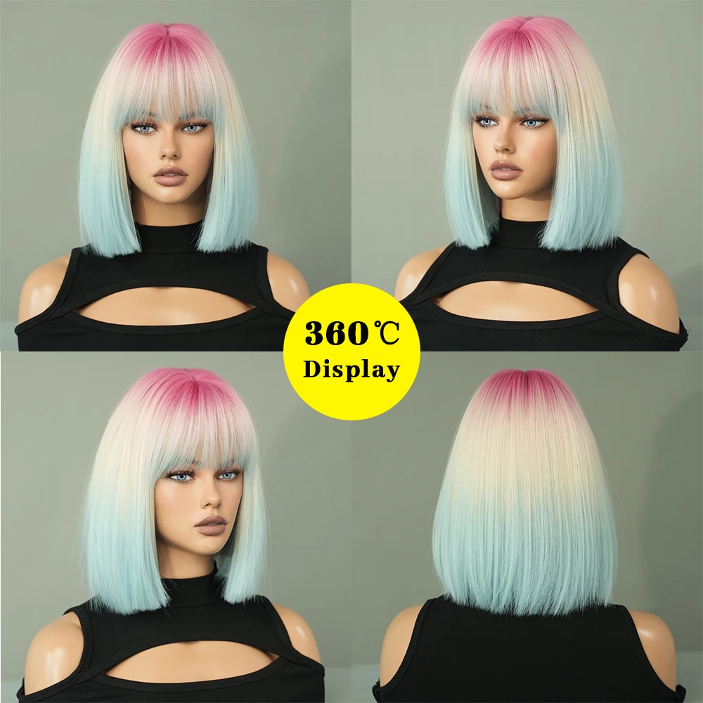 PARK YUN Short Straight Pink Gradient Blue Wigs With Bangs Natural Synthetic Hair Wig for Women Daily Cosplay Lolita Party Wig